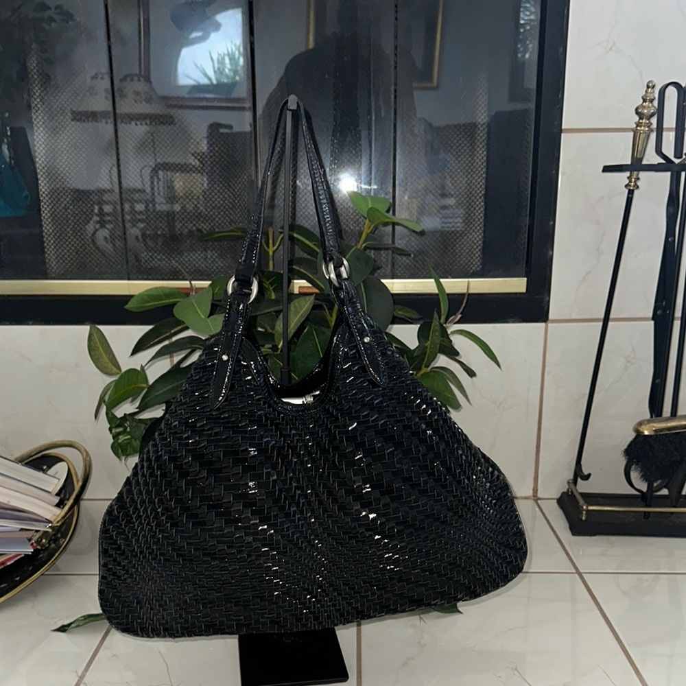Cole Haan Genevieve Woven Leather Weave Brown Triangle Tote Hand Bag Purse - Picture 2 of 13